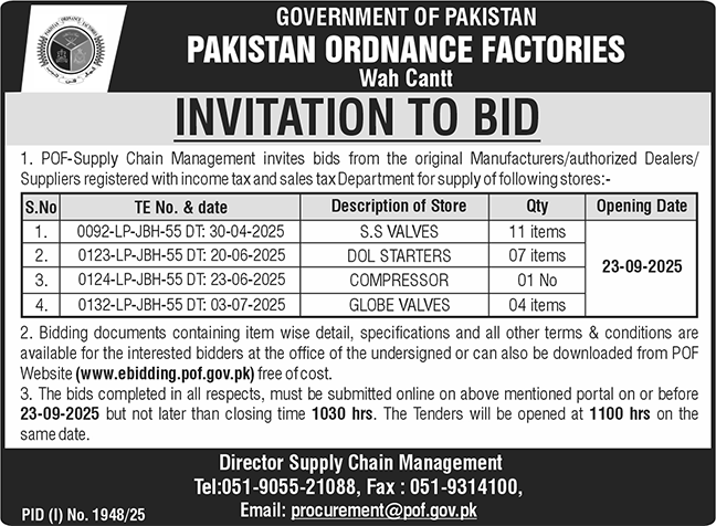 Pakistan Ordnance Factories Wah Cantt Tender Notice